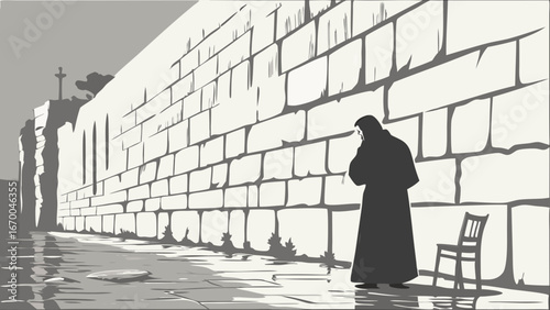 A lone figure in religious garb stands before a high stone wall a chair nearby Spiritual contemplative scene.