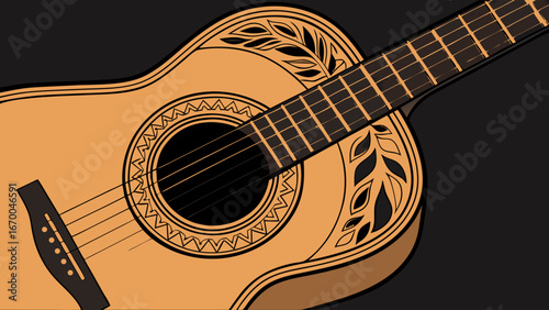 Acoustic Guitar Illustration Musical Instrument Design Stringed Instrument Artwork Folk Music Graphic Guitar Close Up Intricate Detail Ornate Design Musical Background Vector Illustration Guitar Patt.