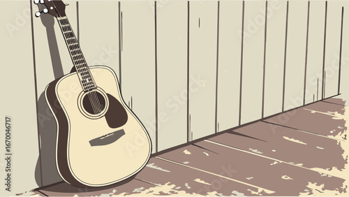 Acoustic Guitar Leaning Against Wooden Wall Music Instrument Illustration Country Folk Western Design Concept.