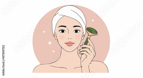 Woman using jade roller on face with light background  