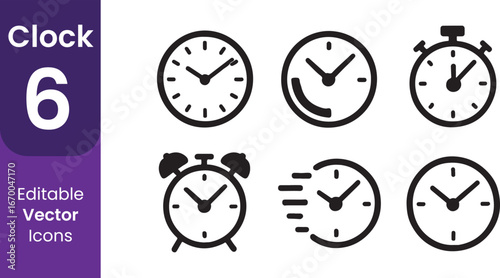 Collection of six different clock and time icons including an alarm clock and stopwatch presented in a clean vector graphic style
