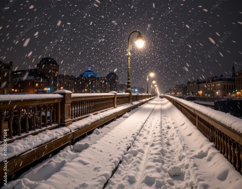 Fototapeta premium snow falling gently on a city bridge at night, lamplight reflecting off icy surfaces, creating a serene and romantic winter scene.