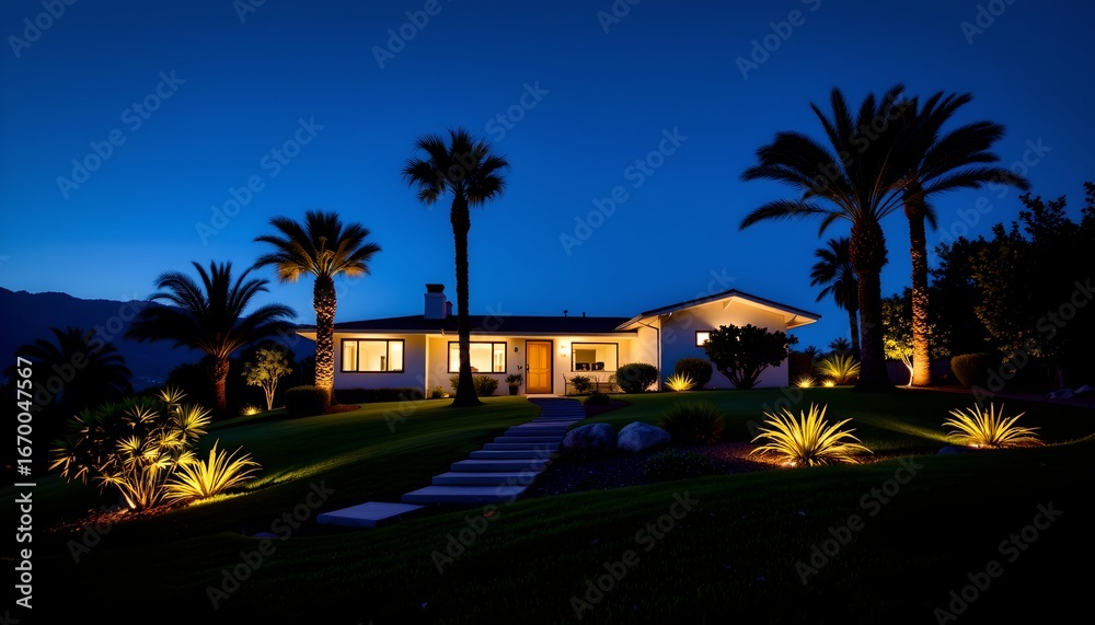 Obraz premium A tranquil nighttime scene of a residential property. A two story house with a white facade and a black roof is prominently featured