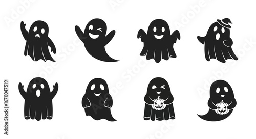 Collection of Silhouetted Halloween Ghosts with Various Expressions for Spooky Designs