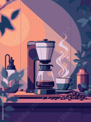 Modern Coffee Machine with Hot Cup of Coffee