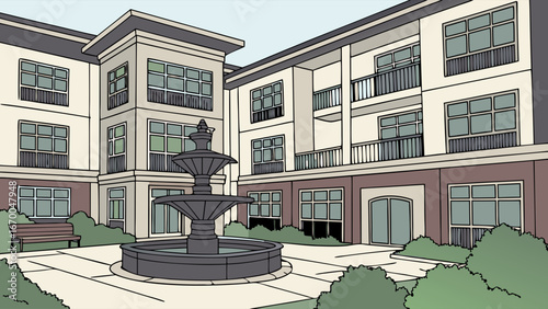 Apartment complex courtyard with fountain and bench