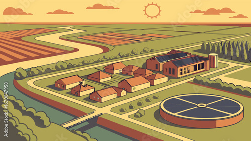 Aerial View of Rural Industrial Complex with Solar Panels and Water Reservoir.