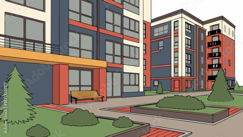 Apartment complex courtyard with landscaping and bench illustration