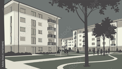 Apartment complex courtyard with playground and people