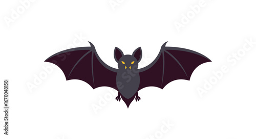 Stylized flat vector icon of a flying nocturnal bat with glowing eyes, an emblem for Halloween or scary themes