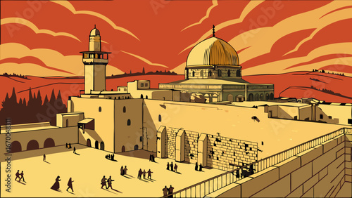Ancient Religious Site with Dome and Wall People Visiting Sunset Sky Illustration.