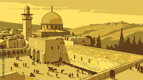Ancient Religious Site with People and Architecture Illustration.