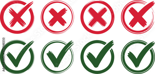 Brushstroke Tick and Cross Set for Validation and Voting with Green Approval and Red Rejection Icons Representing Correct and Incorrect Choice