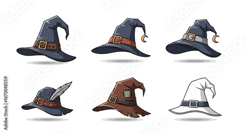 A whimsical array of magical hats, perfect for fantasy characters and enchanting narratives, bringing a touch of sorcery and charm to any creative project