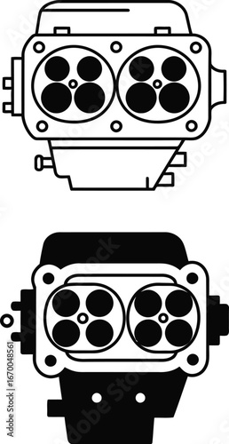 Monochrome vector illustrations of engine cylinder heads, top view, outline and silhouette versions, technical diagrams of internal combustion engine components, mechanical engineering icons.