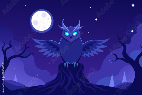 A spooky Halloween night illustration with a full moon, haunted trees, and flying bats