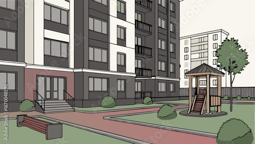 Apartment building courtyard with playground and landscaping illustration.