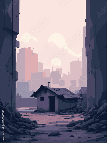 Abandoned House with Modern City Skyline Contrast Illustration