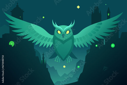A funny cartoon owl and a cute blue dragon perched on a moonlit branch with stars in the night sky