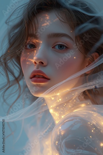 Ethereal fantasy portrait of young woman with glowing light effects
