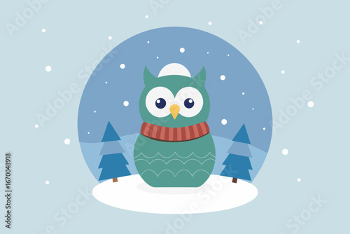 A cute cartoon baby owl couple sits on a snowy winter branch, illustrated on a festive holiday card