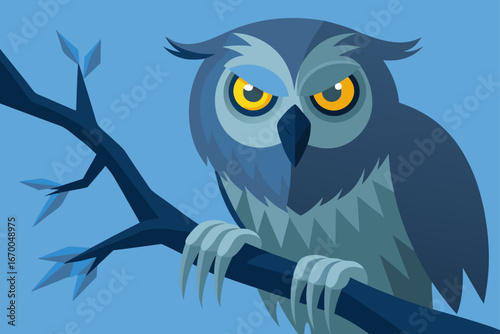A cute cartoon owl with big eyes sits on a tree branch at night