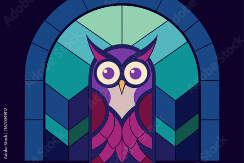 A funny cartoon owl with big eyes on a black background, a vector illustration of a wise wild animal
