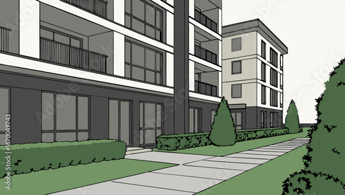 Apartment Building Exterior Modern Architecture Landscaping Pathway Green Space Urban Design Residential Building Illustration.