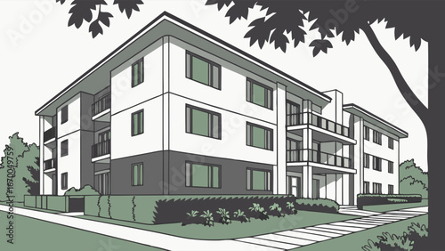 Apartment Building Exterior Modern Architecture Residential Complex Illustration.