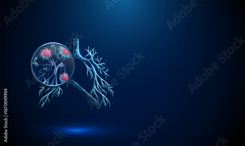 Blue 3d human bronchial tree under magnifying glass with viruses, antibodies inside Viral, immune response, respiratory infection detection concept.