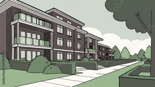 Apartment Building Exterior Modern Residential Architecture Suburban Landscape Green Space Pathway Illustration Design Vector Graphic.