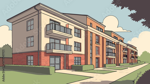 Apartment Building Exterior Modern Residential Architecture Suburban Housing Illustration.