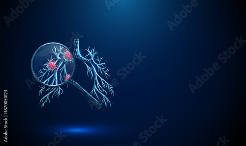 Human 3d lungs with magnifying glass showing viruses inside. Viral respiratory infection, detection, diagnostic testing, medical analysis concept.