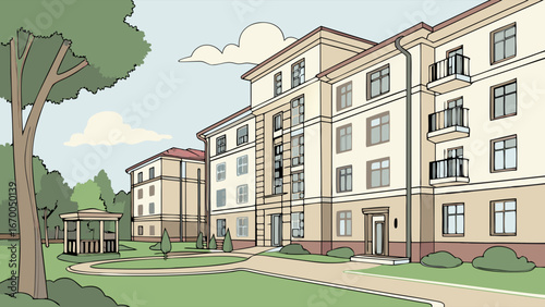 Apartment Building Exterior Residential Complex Green Lawn Trees Gazebo Summer Day Illustration.