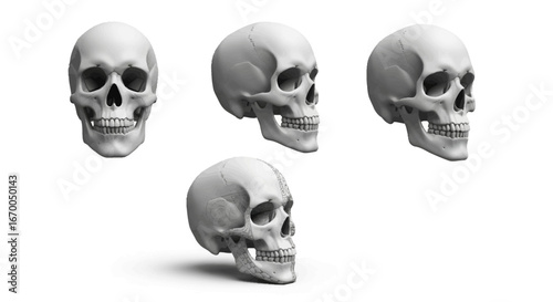 Collection of detailed human skull representations showcasing various perspectives for anatomical education and scientific research