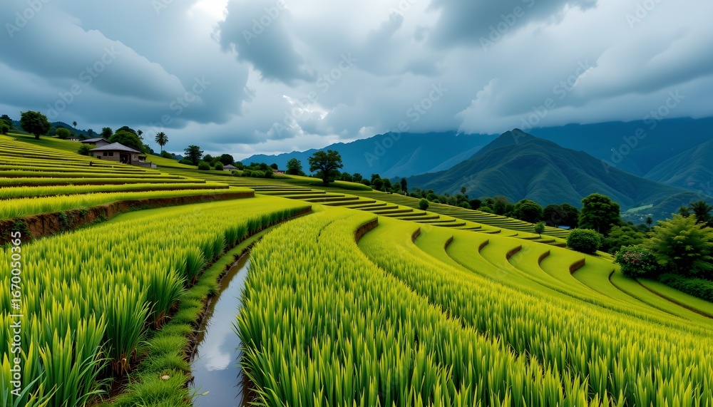 Fototapeta premium A picturesque rural landscape featuring terraced rice fields in Bali, Indonesia.