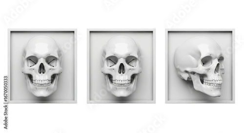 Three-View Skull Study Anatomical Precision in Minimalist White Frames