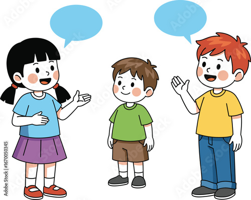 Happy children talking, cartoon kids communicating, speech bubbles illustration, friendly conversation, colorful drawing, educational concept, playful interaction, school activity 