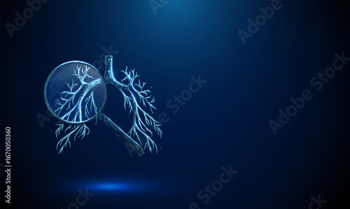 3d blue human bronchial tree under magnifying glass. Respiratory system, airway analysis, diagnostic testing, medical examination concept.