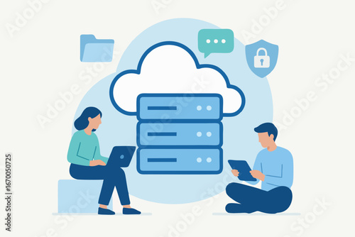 People using laptops and tablets with cloud computing and data storage concept illustration.