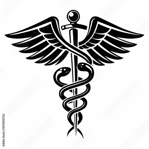 Classic caduceus symbol with wings and two snakes