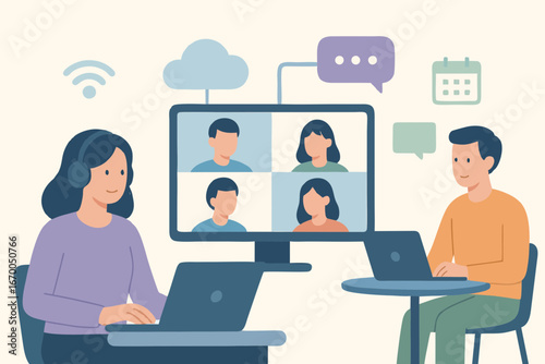 Flat illustration of colleagues having a video conference via laptop.