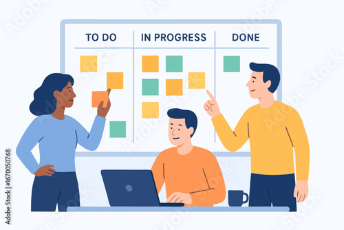 Flat illustration of team managing tasks on Kanban board for project management.