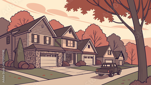 Autumnal Suburban Street Scene with Houses and Truck Illustration