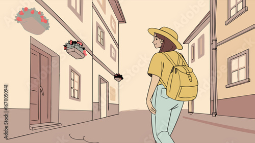 Backpacker walking down a charming street with flower boxes