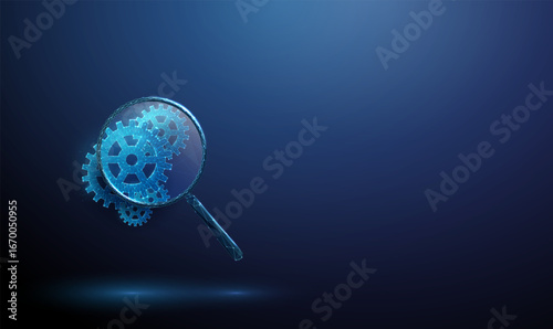 3d magnifying glass with mechanical gears inside. Quality control, AI algorithm testing, model monitoring, process automation, accountability concept.