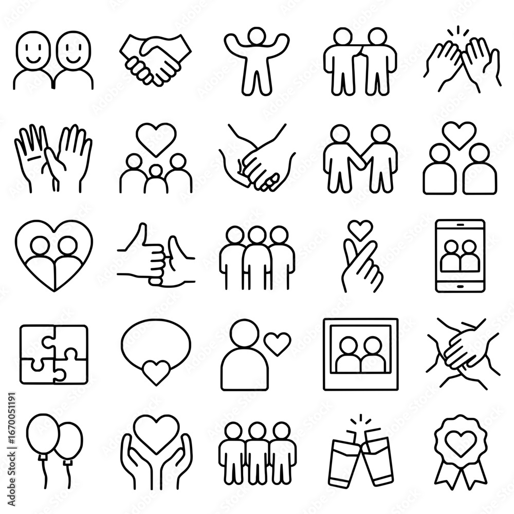 Fototapeta premium Icon pack, icon sheet, friendship theme, outline version