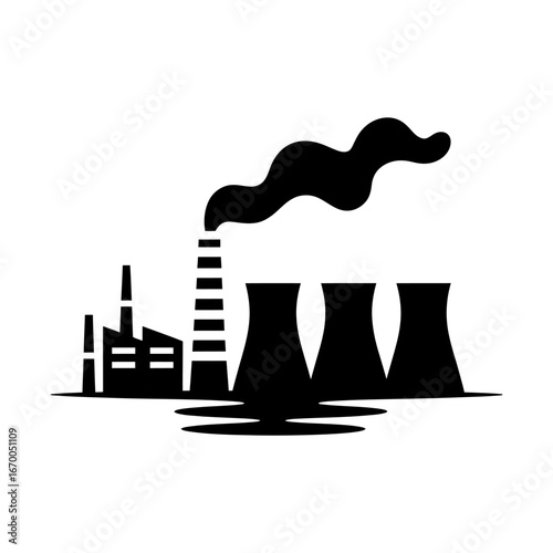 Illustration of a power plant releasing smoke, showcasing industrial energy production with stark black and white contrast.