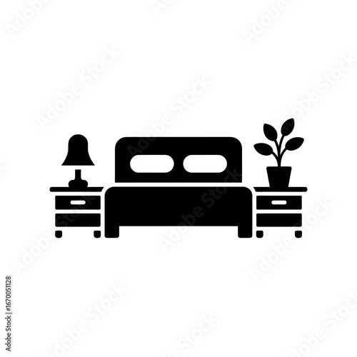 Bedroom Interior Illustration Clean Vector Icon of Bed, Nightstands, Lamp, and Plant for Minimalist Design