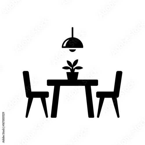 Minimalist Dining Room Vector Illustration Table, Chairs, Plant and Lamp Design 